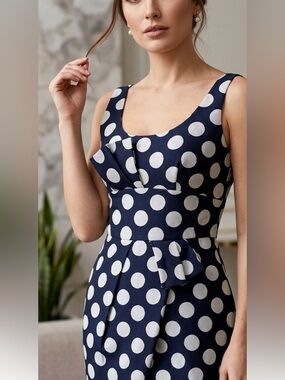 Giorgio Armani Bow Waist Detail Sheath Dress in Navy Polka Dot SZ 38 Silk Blend